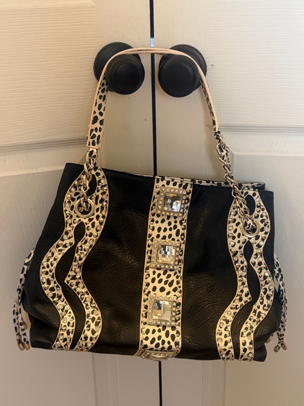 Black and White Rhinestone Animal-Print Accent Tote Bag
